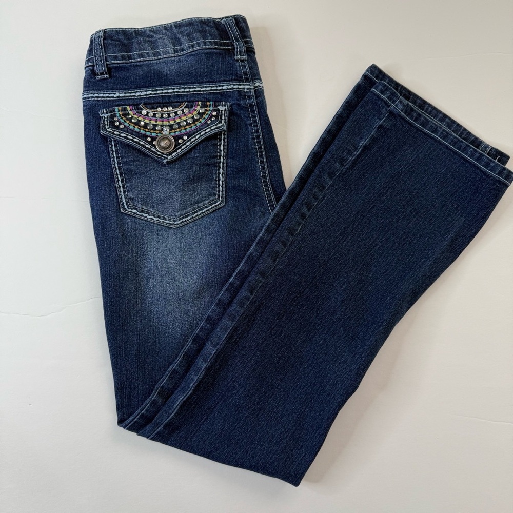 Squeeze Embellished rhinestones embroidery junior Jeans sz 12‎ distressed flare